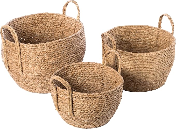Vintiquewise Decorative Round Wicker Woven Rope Storage Blanket Basket with Braided Handles - Set of 3 - Image 3