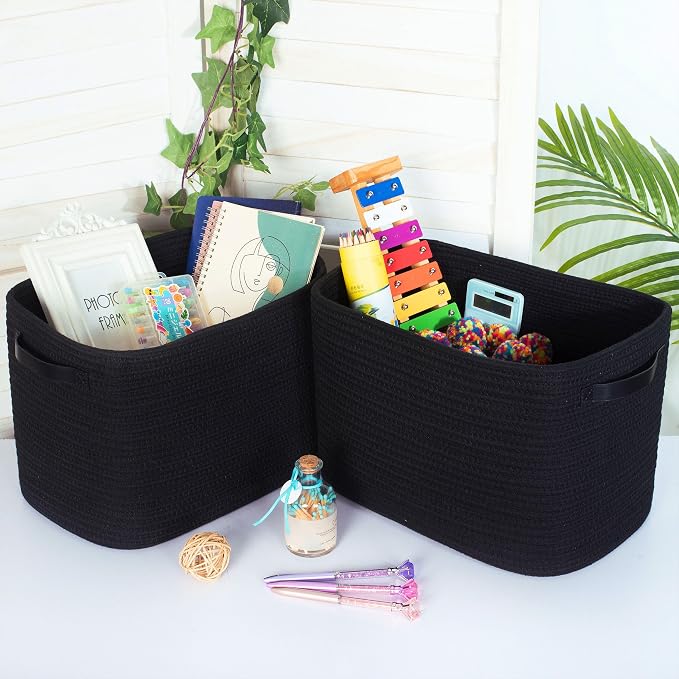 3-Pack Storage Baskets for Shelves, Decorative Baskets for Organizing, Woven Baskets for Storage, Book Basket Cube Bin Box, Pantry Closet, Shoe Organizer, Black / Black - Image 3