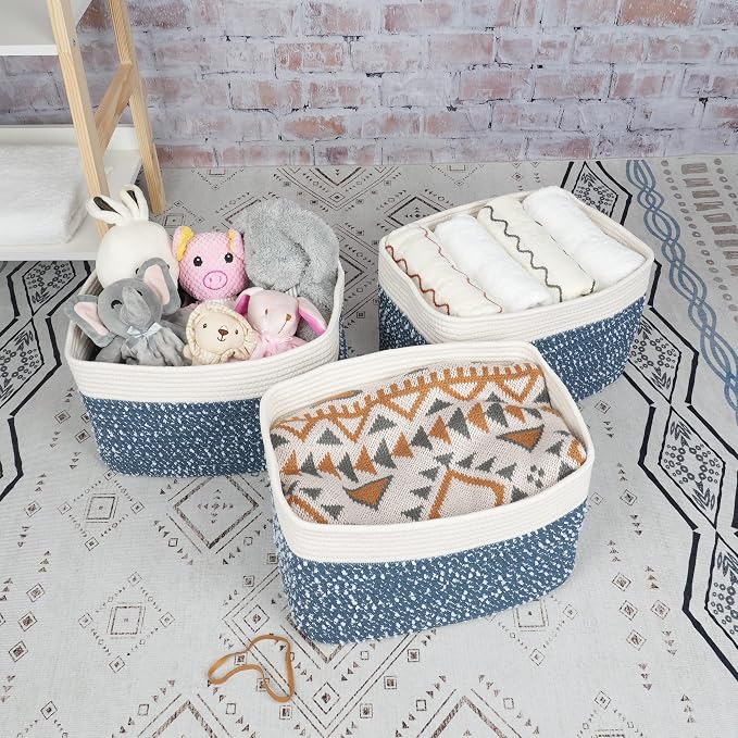 XUANGUO Woven Cotton Rope Storage Baskets 15x10x9.3" 3 Pack White and Blue | Decorative rectangular storage baskets for shelves and closets; storage bins organize clothes, toys, books and nursery items. - Image 5