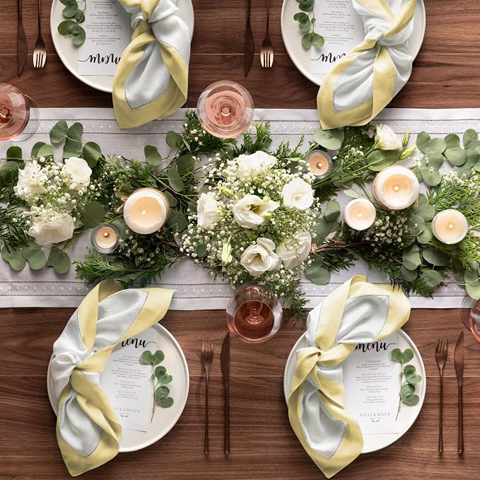 Linen Napkins 20 x 20 inch - 100% Flax Linen White and Yellow Dinner Napkins Set of 4 - Hemstitch Cloth Napkins Washable for Easter Day and Spring Holiday - Image 4