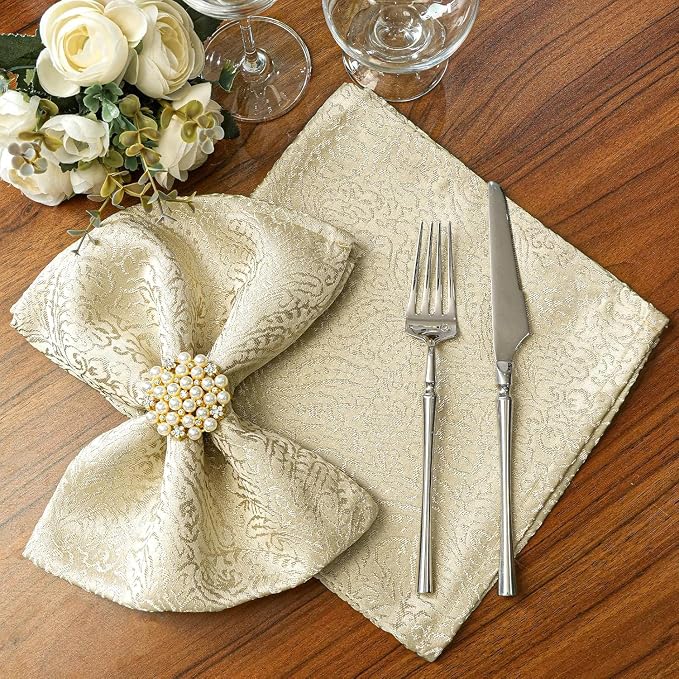 Beige Cloth Napkins Set of 12, 18 x 18 Inch Dinner Napkins | Reusable Washable Cotton Polyester Soft Luxury Elegant Fancy Jacquard Fabric Table Napkins - Image 3