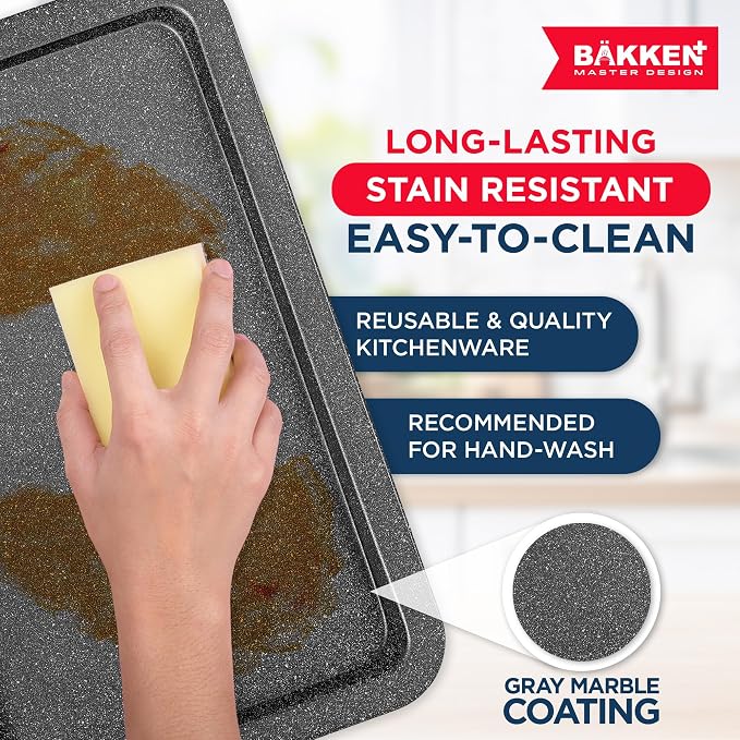 BAKKEN Kitchen Baking Pans - Nonstick Gray Coating, 13.18’’ × 8.66’’ Commercial Grade Carbon Steel Cookie Sheet, Baking Kitchen Essentials, PFOA, PFOS, PTFE Free, Oven Safe Tray (450° F), Gray - Image 7