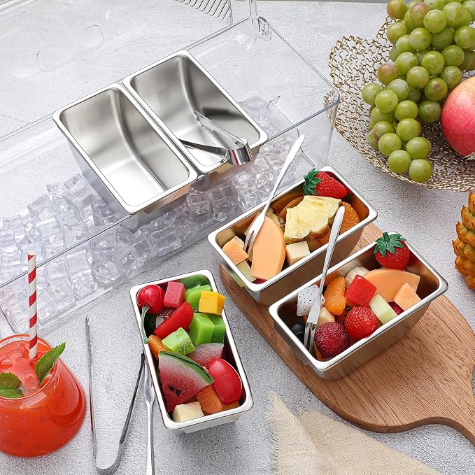 Large Ice Chilled Condiment Server Caddy with 5 Stainless Steel Removable Compartments, Clear Plastic Garnish Tray with Lid, 5 Forks and 2 Tongs, Fruit, Salad, Taco, Bar Platter for Party Bar Supplies - Image 3