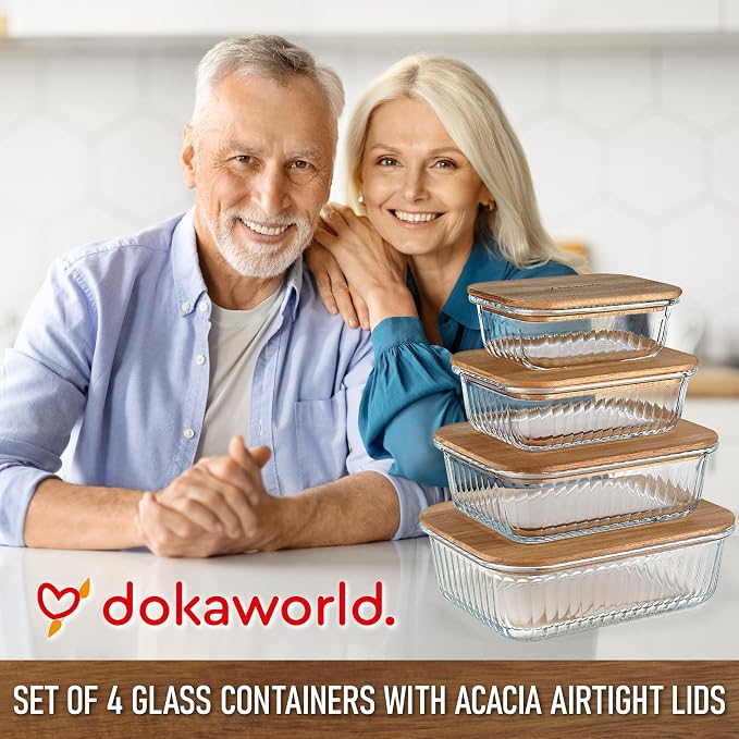 Set of 4 Stackable Space-Saving Nesting Glass Bowls with Airtight Acacia Lids for Lunch, Meal & Food Prep - Microwave & Oven-ready BPA Free Durable Heat Resistant Inert Borosilicate Glass - Image 9