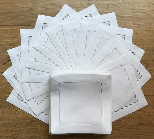 White Linen Cocktail Napkin 6"x6" Set of 50 Linen Cloth Napkin Coasters-Ladder Hemstitch 100% Linen Beverage Party Napkin Coaster Super Value Bulk 50 Pack by MinhcraftLinens