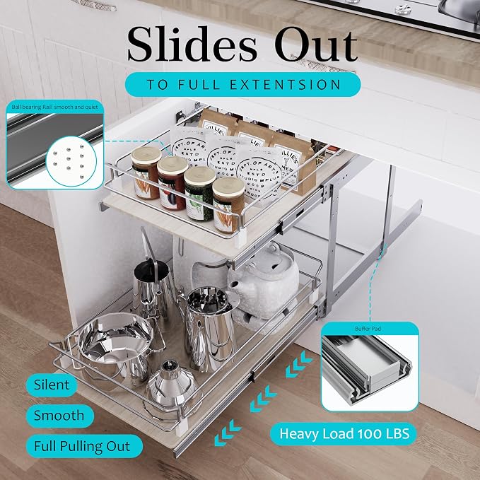 2 Tier Pull Out Cabinet Organizer 17.45" W X 22" D, Wood & Chromed | Full Slide Out Drawers For Kitchen Cabinets, Cabinets Capacity Heavy Duty Caddy, Cabinet Pullout Shelves , Pantry Storage - Image 3