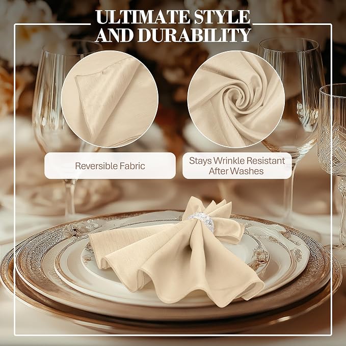 17 x 17-Inch Shantung Satin Cloth Napkins, Ivory Set of 24 | Bulk Case of 2 Dozen, Square, 100% Polyester Fabric, Reversible, Faux Dupioni Silk Reverse Side, Machine Washable - Image 3