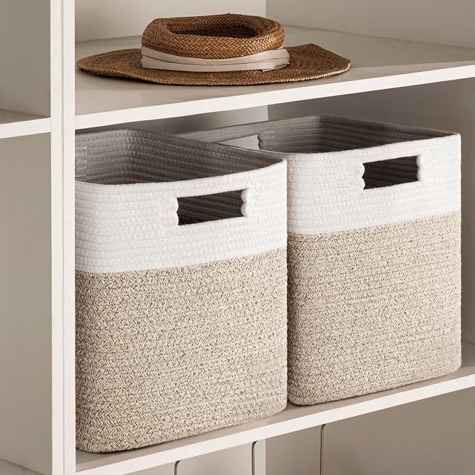 UBBCARE Set of 4 Storage Basket-12 X 12 X 12 in, Cotton Rope Basket for Shelves, Toys, Book, Cube Storage Bins with Handles, Woven Storage Basket for Organizing, White Brown - Image 6