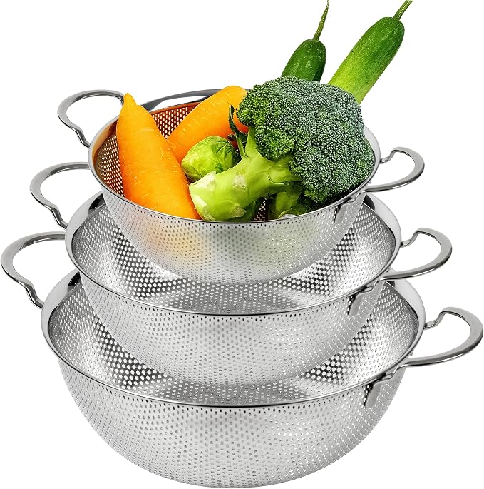Premium 18/8 304 Stainless Steel Set of 3 – Micro-Perforated Strainers with Handles, Self-Draining Base for Pasta Vegetables Fruit, Heavy Duty (4, 6, 8 Qt) Made in Korea by COMPORTK