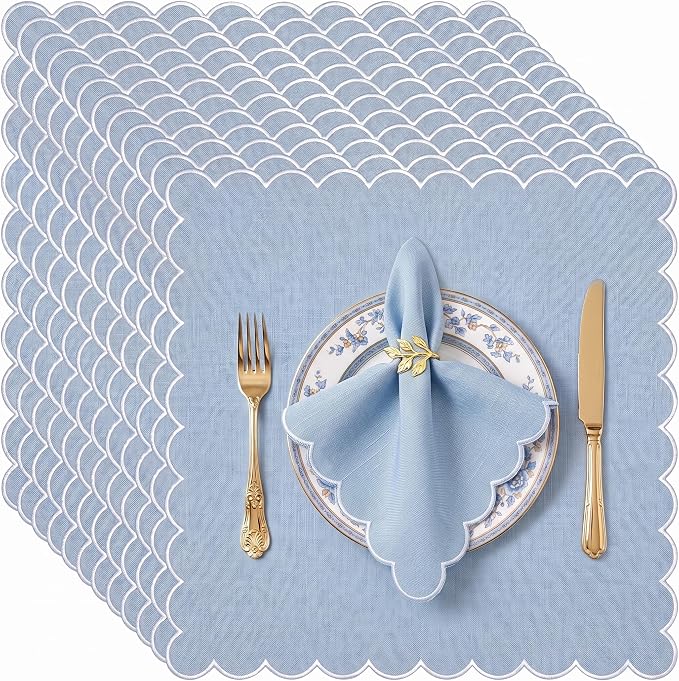 SmoothNovelty 12 Pack Buffalo Plaid Cloth Napkins 18x18 Inch Checkered Cloth Napkins Scalloped Soft Cotton Table Mat Washable Reusable for Dinner Wedding Holiday Birthday Parties (Cute,Gray-Blue) by SmoothNovelty