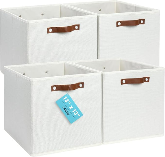 OrganiHaus 13x13 Cube Storage Bins, Set of 4 - Fabric Storage Cubes | Sturdy, holds its shape; odor-free; fits IKEA Kallax and Expedit; vegan leather handles by OrganiHaus