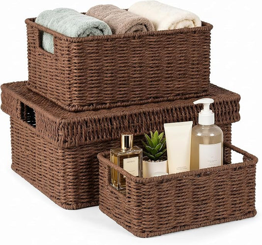 Wicker Storage Basket with Lid for Shelves, 3-Basket Set, Dark Brown | One rectangular wicker basket with lid and two open baskets for decorative shelf storage; removable lid flips into a tray. by GANLUX