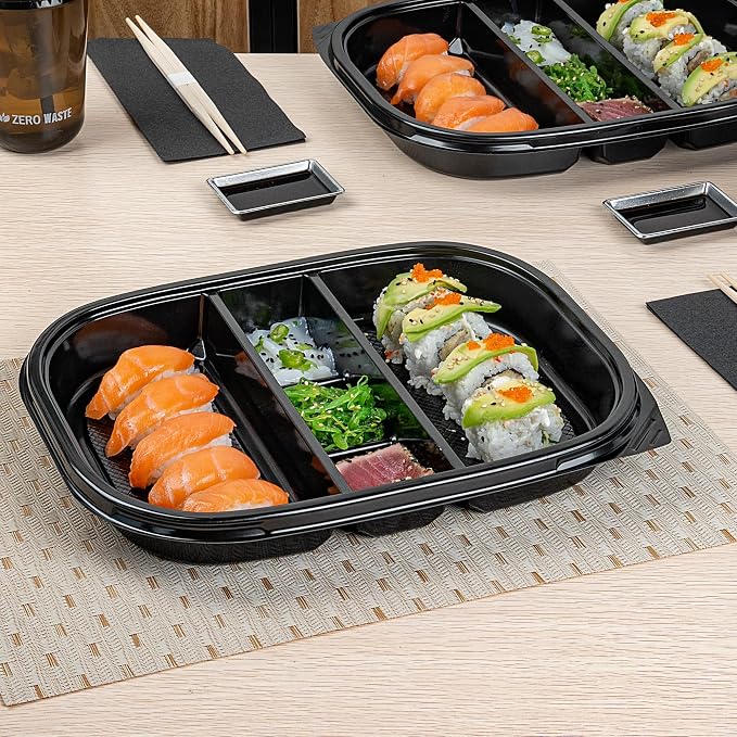 Restaurantware-Bento Tek 50.7 Ounce Meal Prep Containers, 100 Disposable To Go Food Boxes - Lids Sold Separately, 5 Compartments, Black Plastic Bento Lunch Boxes, Freezable, For Take Out - Image 3