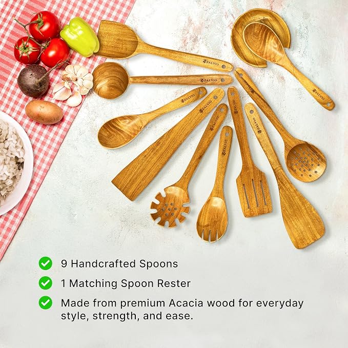 Zalvio 10-Piece Acacia Wood Utensil Set – Handmade Wooden Spoons with Spoon Rest | Heat-Resistant Eco-Friendly Cooking Tools for Nonstick Cookware - Image 3