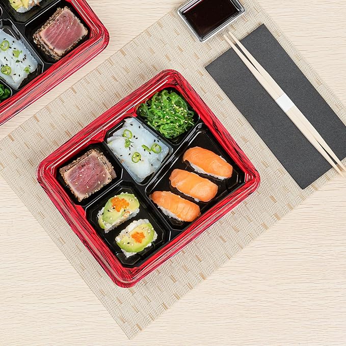 Restaurantware-Bento Tek 18.3 Ounce Meal Prep Containers, 50 Disposable To Go Food Boxes - Lids Sold Separately, 5 Compartments, Red And Black Plastic Bento Lunch Boxes, Freezable, For Take Out - Image 7