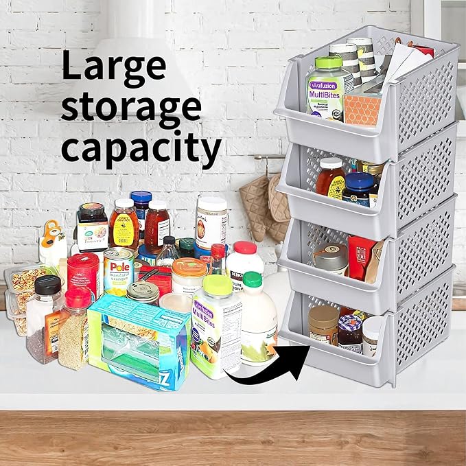 Stackable Storage Bins Open Front for Pantry Storage, 4 Pack - Light Grey | Sturdy Plastic, Easy Stacking, Open Front Access, Ventilated Sides, Vertical & Space Saving Pantry Organizers and Storage Bin - Image 3
