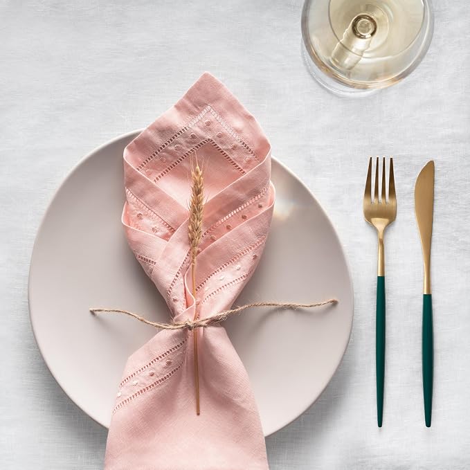 Linen Napkins Set of 4-100% Flax Linen Blush Pink Dinner Napkins with Embroidered Dot 18 x 18 inch - Hemstitch Cloth Napkins Washable for Easter and Spring Decor - Image 5