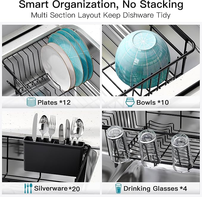 JASIWAY Black Dish Drying Rack in Sink, Dish Drainer with Utensil Holder | Over The Sink Expandable Stainless Steel Strainer Dryer Rack for Small Kitchen, Counter Space Saving, Fast Drain, Rustproof - Image 7