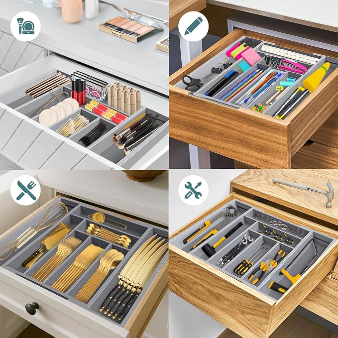 Sben Expandable Drawer Organizer for Utensils Holder, Adjustable Cutlery Tray, 6-8 Slots, Premium Wood Drawer Dividers Organizer for Silverware, Flatware, Knives for Kitchen (Gray) - Image 6