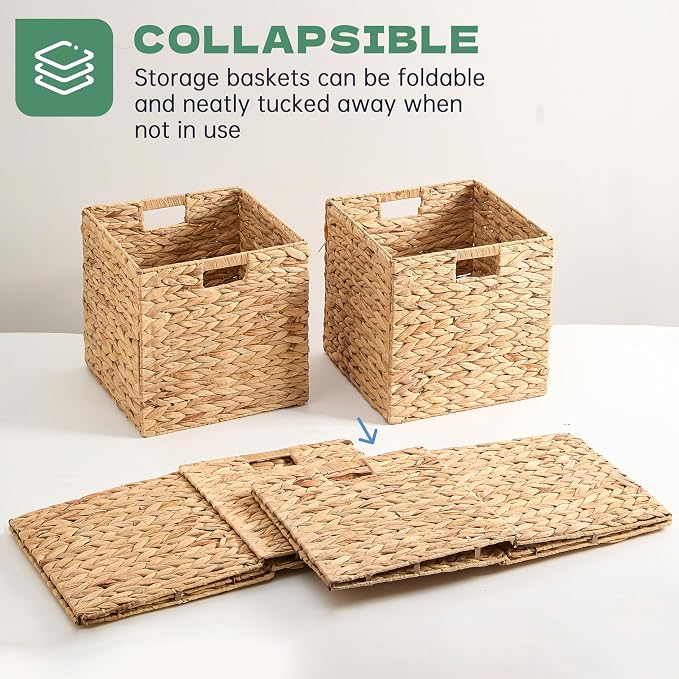 13x13x13 Wicker Storage Basket Set of 4, Water Hyacinth Woven Basket with Handles, Wicker Cube Storage Bins for Shelves, Foldable Square Storage Cubes for Living Room Bedroom Organizing, Natural - Image 4