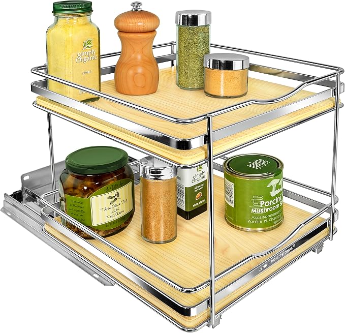 LYNK PROFESSIONAL® Élite™ Pull Out Spice Organization for Cabinets - 10-3/8 inch Wide – Spice Rack for Inside Cabinets – Wood/Chrome - Sliding Spice Rack Organizer for cabinet – Spice Rack - 2 Tier - Image 8