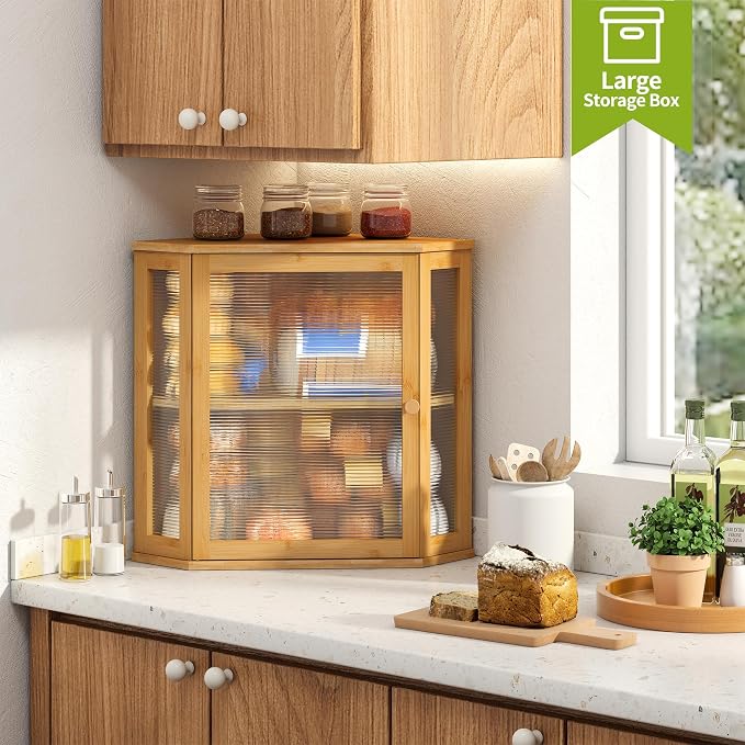 BMOSU Corner Bread Box for Kitchen Countertop Double Layer Bamboo Wooden Bread box Large Capacity Bread Storage Bin(Natural, Extra Large) - Image 4