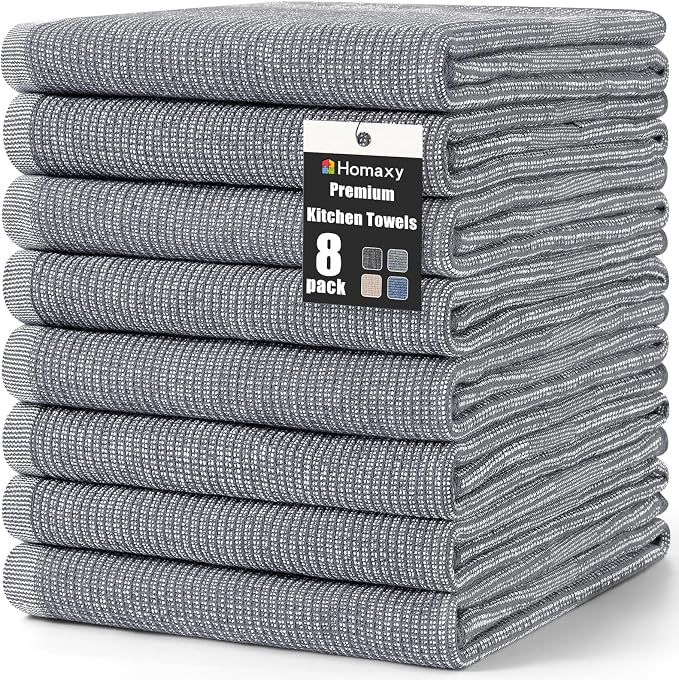 Homaxy 380 GSM Cotton Premium Kitchen Towels 8 Pack, 18"x 28", Grey | Flat and Terry Dish Towels, Highly Absorbent Tea Towel Set with Hanging Loop, Soft Utility Kitchen Hand Towels by Homaxy