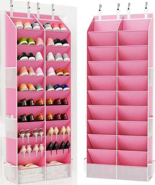 Over the Door Shoe Organizer, 20-30 Pairs Heavy-Duty Hanging Shoe Storage with Large Pockets, 10-Tier Door Shoe Rack with 4 Hooks for Sneakers Sandals Heels Boots (Pink) by Criusia