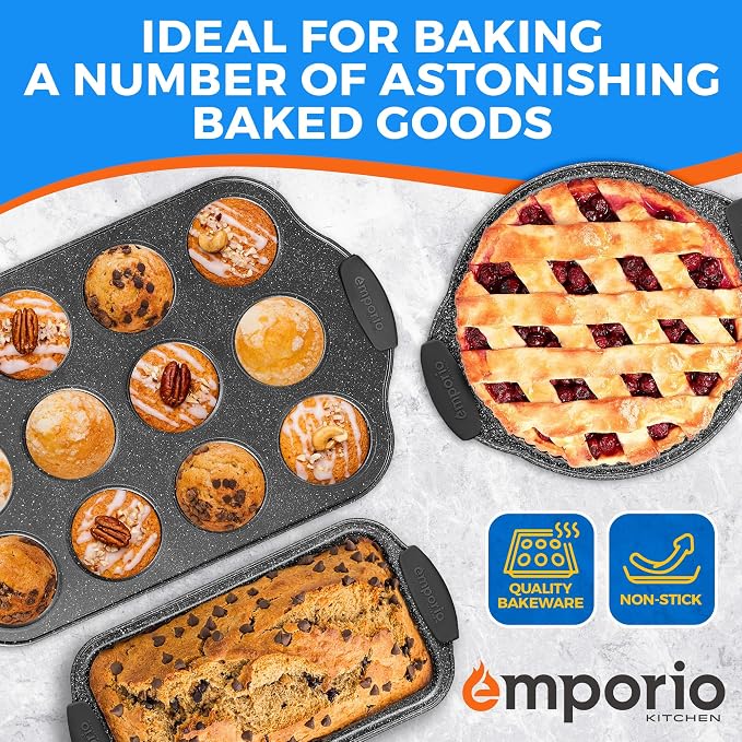 Emporio Kitchen Baking Pan Set - Nonstick Coating, Carbon Steel Bakeware Sets with Gray Silicone Handles, PFOA, PFOS, PTFE Free, Recipe Booklet Included, Oven Safe Tray (Up To 450° F), Set of 8 - Gray - Image 7