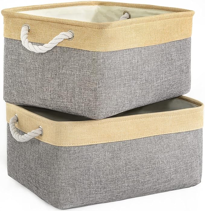Storage Basket for Organizing - 3 Pack 14x10x7 inch Large Collapsible Storage Bin for Shelves, Fabric Storage Cubes for Organizer ClosetCloth Gift Toy (Grey & Gold) by TheWarmHome
