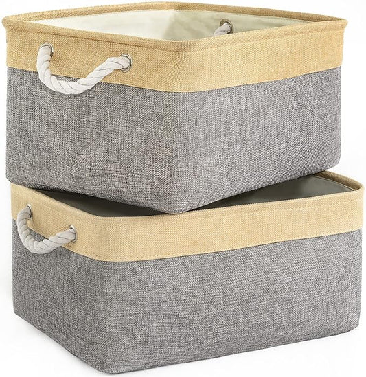 Storage Basket for Organizing - 3 Pack 14x10x7 inch Large Collapsible Storage Bin for Shelves, Fabric Storage Cubes for Organizer ClosetCloth Gift Toy (Grey & Gold) by TheWarmHome