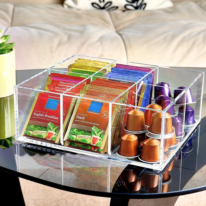 Heavy-Duty Acrylic Tea Bag Organizer, 6-Compartment Storage Box | Perfect Organizer: 6-compartment design keeps tea bags and coffee pods neatly sorted, saving space on your countertop - Image 2