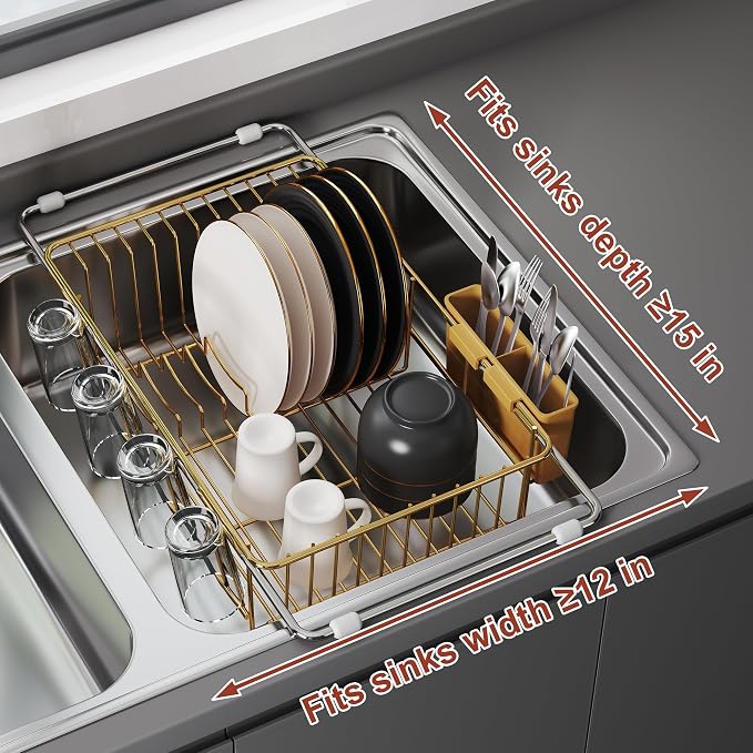 JASIWAY Gold Dish Drying Rack in Sink, Dish Drainer with Utensil Holder | Over The Sink Expandable Stainless Steel Strainer Dryer Rack for Small Kitchen, Counter Space Saving, Fast Drain, Rustproof - Image 5