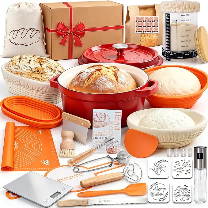 All-Inclusive Sourdough Starter Kit with Enameled Cast Iron Dutch Oven & Scale - Premium Bread Making Tools with 4 Banneton Proofing Baskets, Beginner Guide, Sling, 34oz Starter Jar, Best Baking Gifts by MODYYLX