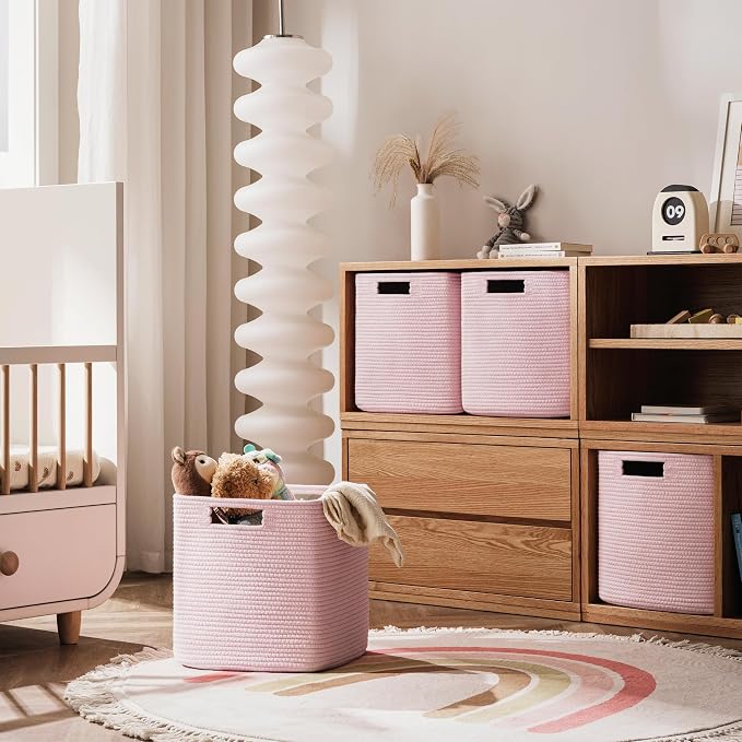 UBBCARE Set of 4 Storage Basket-13 X 13 X 13 in, Cotton Rope Basket for Shelves, Toys, Book, Cube Storage Bins with Handles, Woven Storage Basket for Organizing, Pink - Image 5