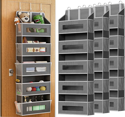 3 Pack 5 Tier Over The Door Organizer - Large Capacity Behind Door Hanging Shelves with 10 Mesh Pockets and Clear Windows, Closet Organizers and Storage for Bathroom, Bedroom, Nursery, Grey by Unknown
