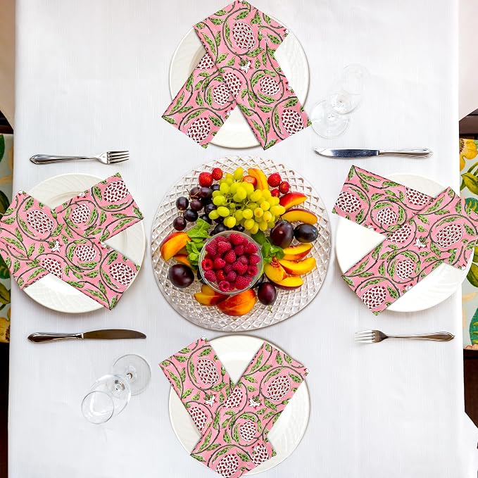 Strawberry Pink Hand Block Print 100% Cotton Napkins 18" x 18" (Set of 4) Reuseable Kitchen Napkins Cloth Decor Dinner Party Wedding Cocktail Gift for Spring, Easter, Summer - Image 5