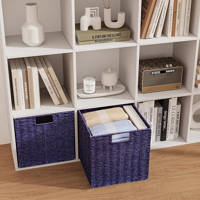 Wicker Storage Basket, Set of 2 Hand-Woven Paper Rope Wicker Basket, Foldable Cube Storage Bins, Square Large Storage Baskets for Organizing Shelves, Decor, Orange (13″×13″×13″) - Image 6