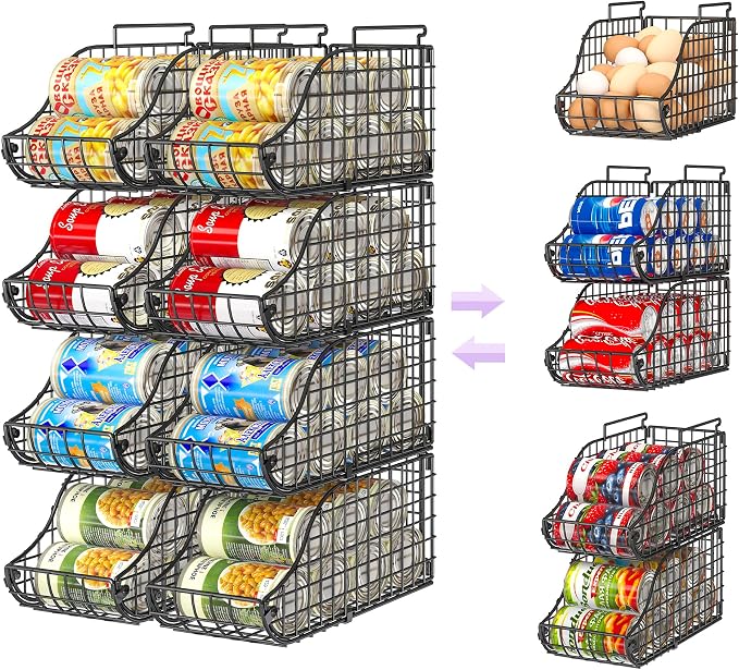 Sonyabecca 8 Pack Stackable Can Organizer for Pantry Cabinet Food Storage | Wire Storage Rack Holds Up to 72 Cans, Beverages and Food. Small Metal Organizer for Kitchen Counters, Fridges and RV by Sonyabecca