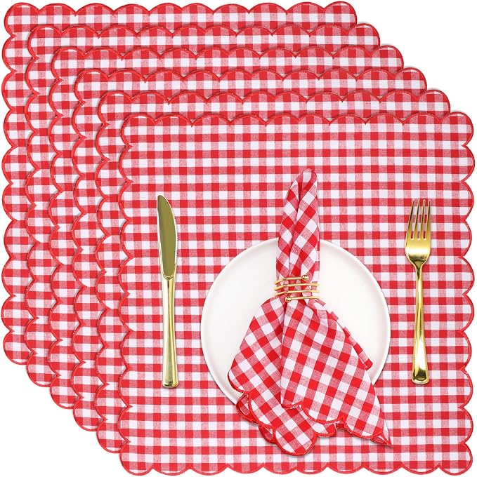 SmoothNovelty 6 Pack Buffalo Plaid Cloth Napkins 18x18 Inch Checkered Cloth Napkins Scalloped Soft Cotton Table Mat Washable Reusable for Dinner Wedding Holiday Birthday Parties (Classic,Red) by SmoothNovelty