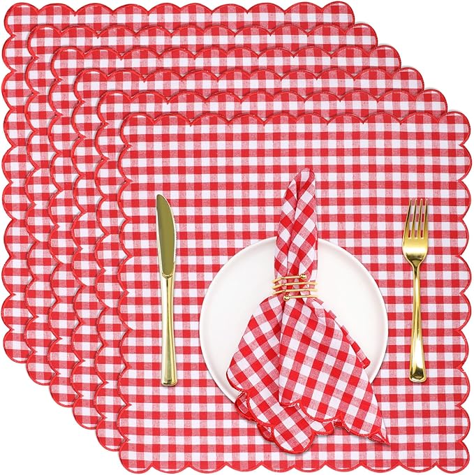 SmoothNovelty 24 Pack Buffalo Plaid Cloth Napkins 18x18 Inch Checkered Cloth Napkins Scalloped Soft Cotton Table Mat Washable Reusable for Dinner Wedding Holiday Birthday Parties (Classic,Red) by SmoothNovelty