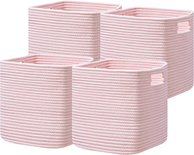 UBBCARE Set of 4 Storage Basket-13 X 13 X 13 in, Cotton Rope Basket for Shelves, Toys, Book, Cube Storage Bins with Handles, Woven Storage Basket for Organizing, Pink by UBBCARE