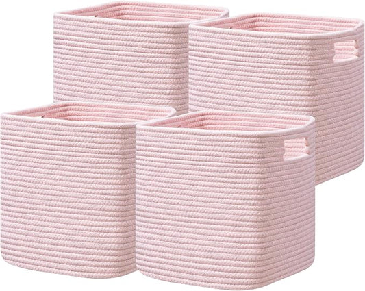 UBBCARE Set of 4 Storage Basket-13 X 13 X 13 in, Cotton Rope Basket for Shelves, Toys, Book, Cube Storage Bins with Handles, Woven Storage Basket for Organizing, Pink by UBBCARE