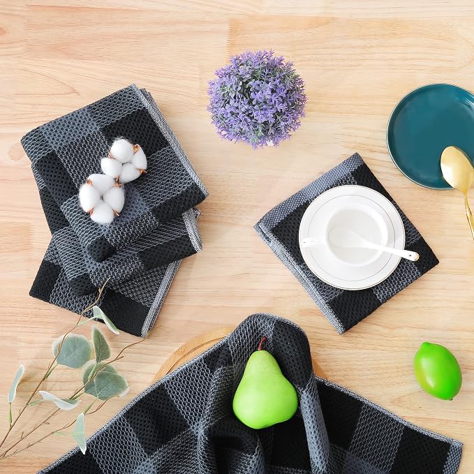 Homaxy Kitchen Towels and Dishcloths Set, Set of 8, Black & Grey | Bulk Cotton Waffle Weave Check Plaid Kitchen Towels, Super Soft and Absorbent Dish Cloths, 12 x 12 and 13 x 28 Inches - Image 7