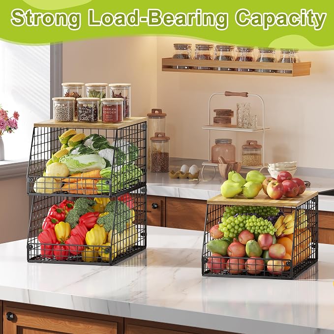 Jakyitvi 4 Pack Stackable Wire Baskets with Fixed Wooden Top, Vegetable Fruit Storage Bins for Onion Potato Snack, Pantry Baskets for Kitchen Cabinet Countertop, Pantry Organizers and Storage Rack - Image 2
