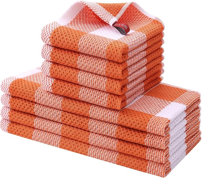 Homaxy Kitchen Towels and Dishcloths Set, Set of 8, White & Orange | Bulk Cotton Waffle Weave Check Plaid Kitchen Towels, Super Soft and Absorbent Dish Cloths, 12 x 12 and 13 x 28 Inches by Homaxy