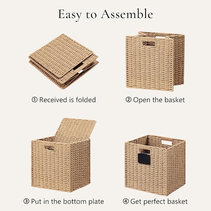 UBBCARE 4 Pack Wicker Basket, 12×12 Storage Cubes with Label, Foldable Cube Storage Bin with Handle, Square Storage Basket for Shelves, Woven Paper Rope Basket for Organizing, Light Brown - Image 7