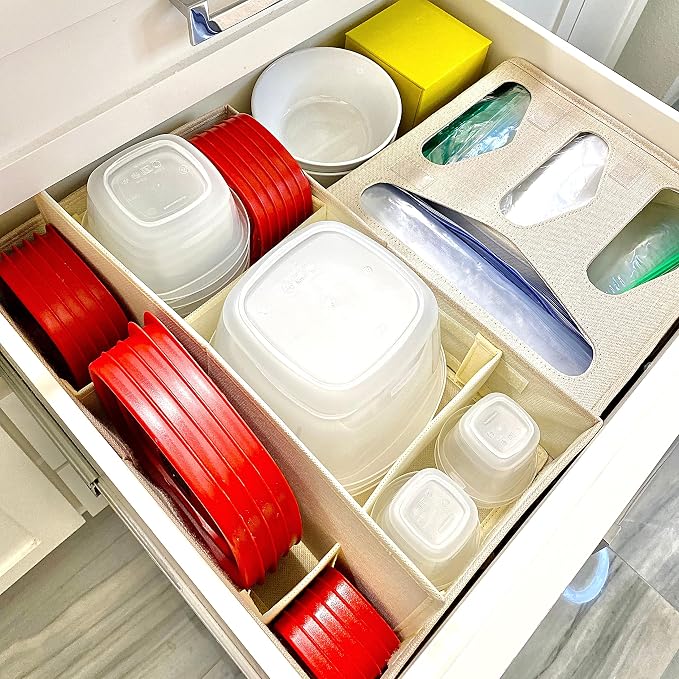 Food Storage Container Organizer Box – A Kitchen Drawer Organizer Compatible with Rubbermaid, Glad Containers and Lids – Adjustable Foldable Cloth Box - Image 8