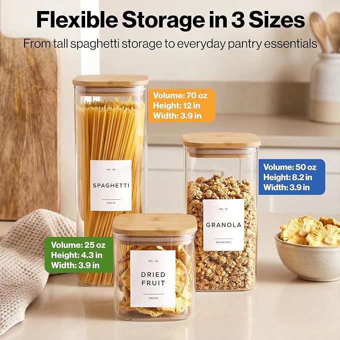 Glass Pantry Storage Jars Containers with Bamboo Lids and Labels - Set of 5 | Extra Thick Square Glass Canisters with Bamboo Wood Lids and 54 Pre-printed Pantry Labels keeps dry Goods Fresh and Organized - Image 2