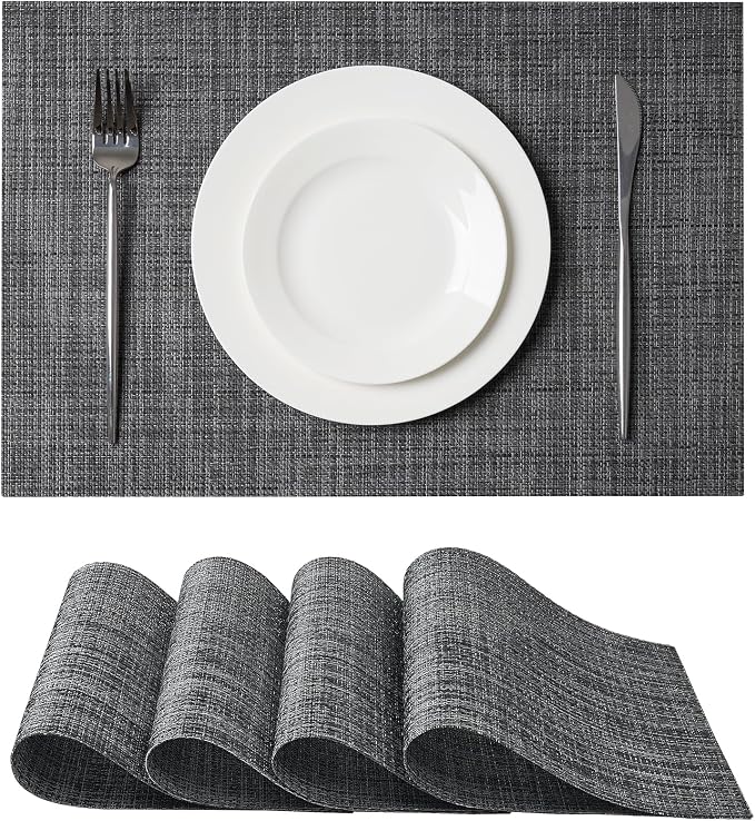 Leetaltree Black and Grey Woven Placemats Set of 4 - Heat Resistant Non-Slip Place mats for Dining Table, Washable Durable PVC Vinyl Woven Table Mats(Black & Grey, 4) by Leetaltree-ArtatEveryTable